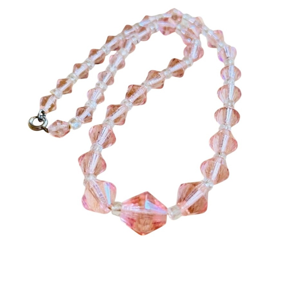VTG Art Deco Czech Pink Glass Necklace Flapper Beaded Carved Choker 16"